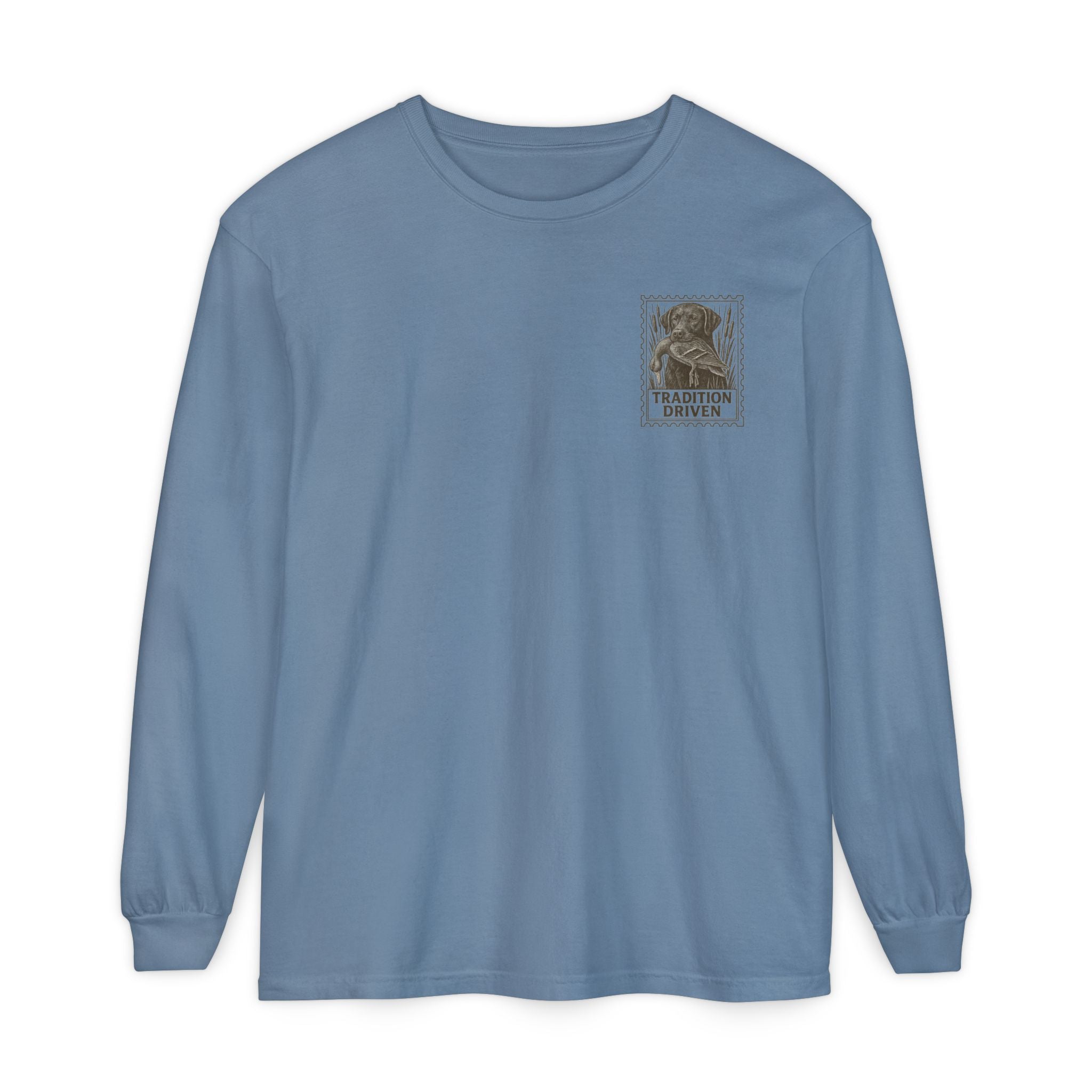 Blue long-sleeve shirt with a logo on a white background