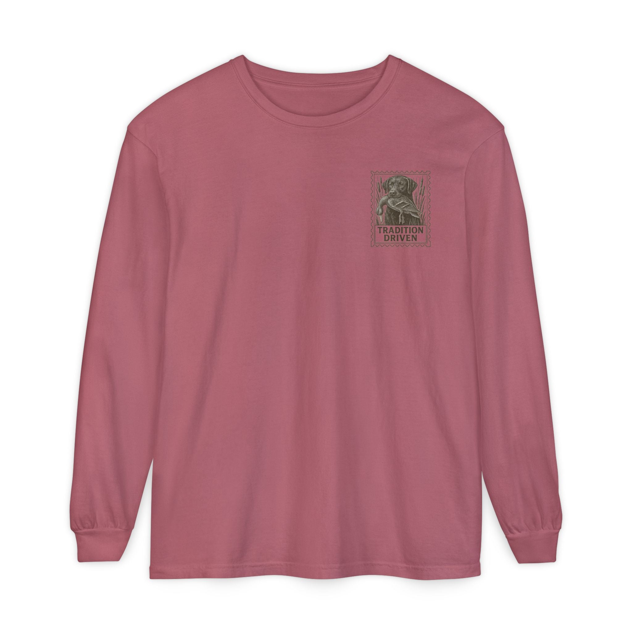 Mauve long-sleeve shirt with a small graphic on the chest against a white background