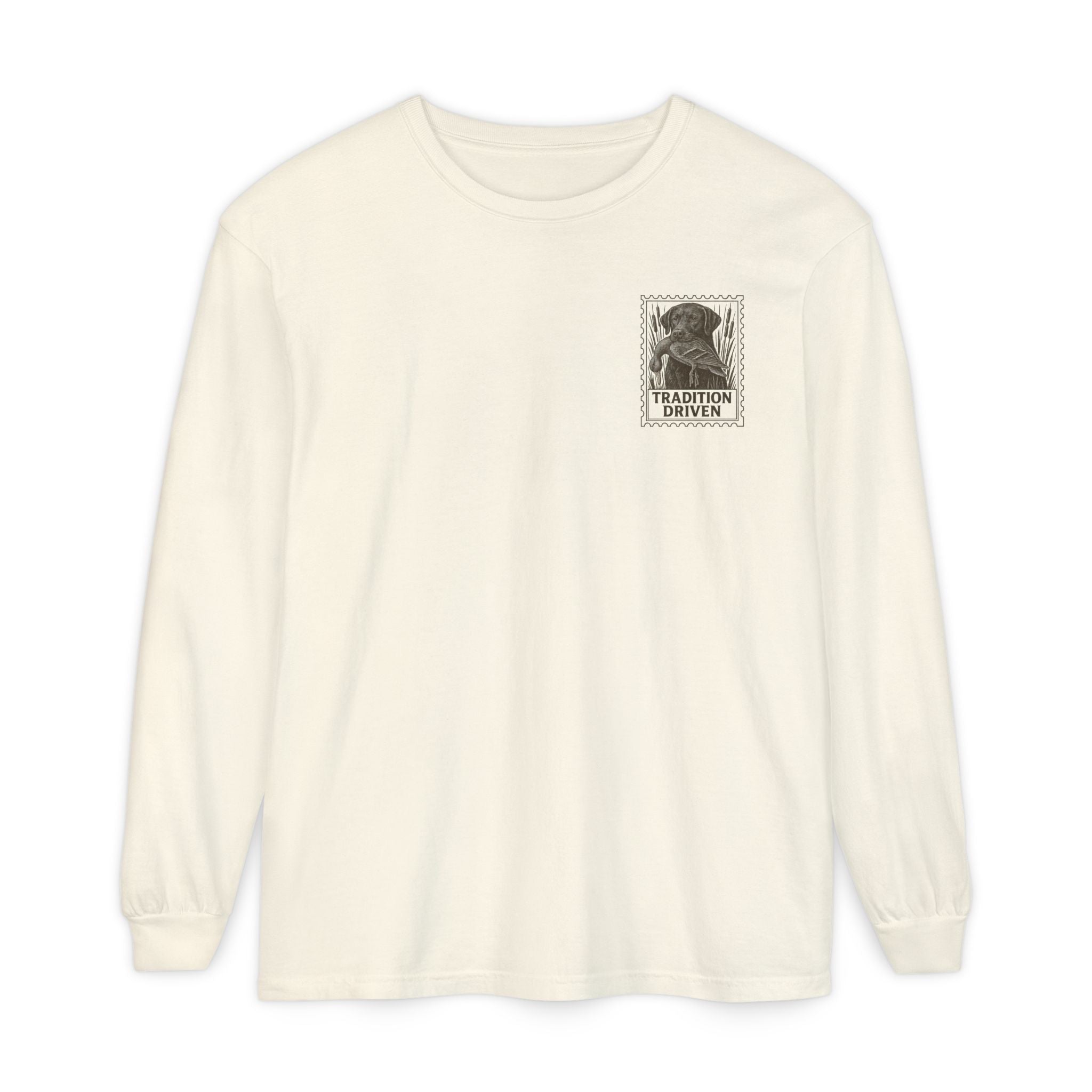 White sweatshirt with a graphic design on the chest against a white background
