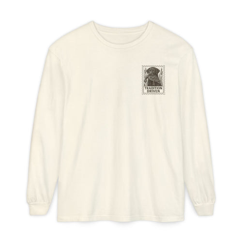 White sweatshirt with a graphic design on the chest against a white background