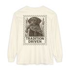 Long-sleeve shirt with a graphic of a dog and duck and 'Tradition Driven' text on a white background