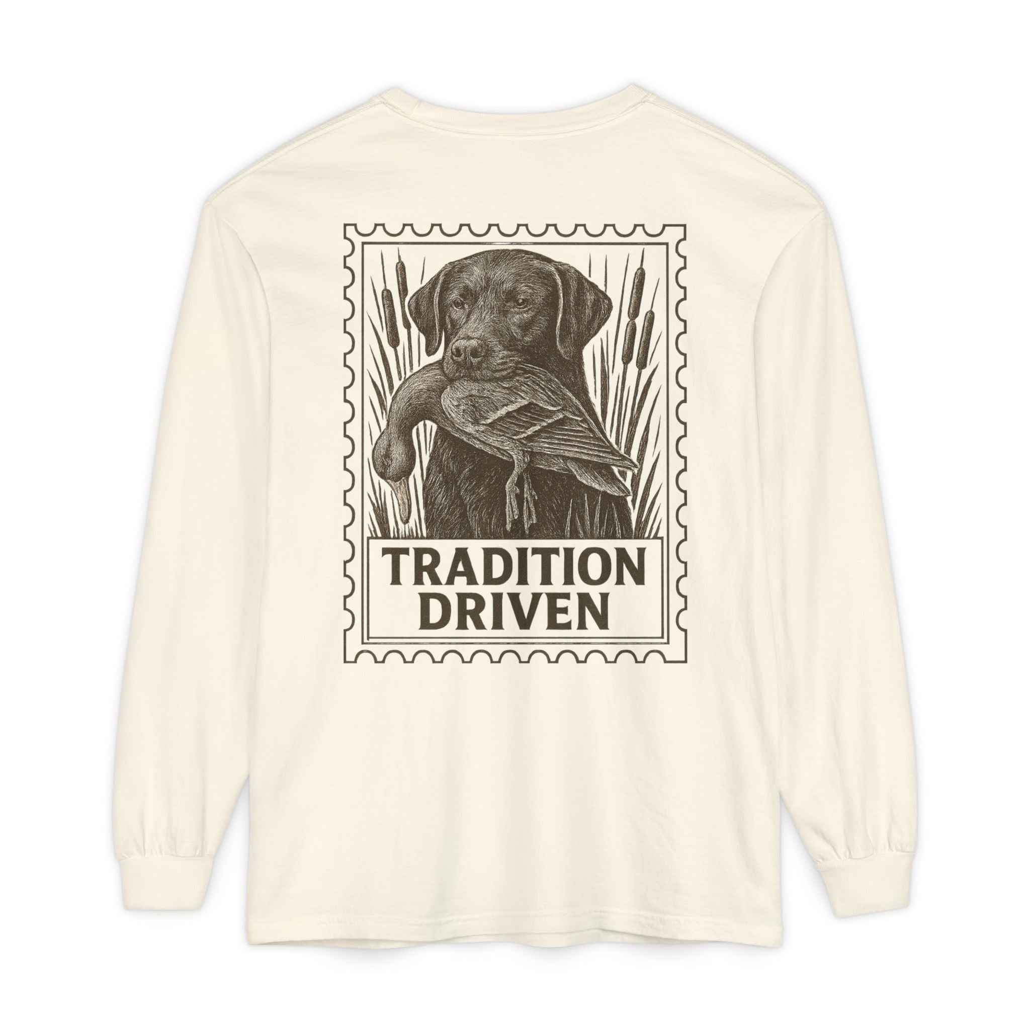 Long-sleeve shirt with a graphic of a dog and duck and 'Tradition Driven' text on a white background