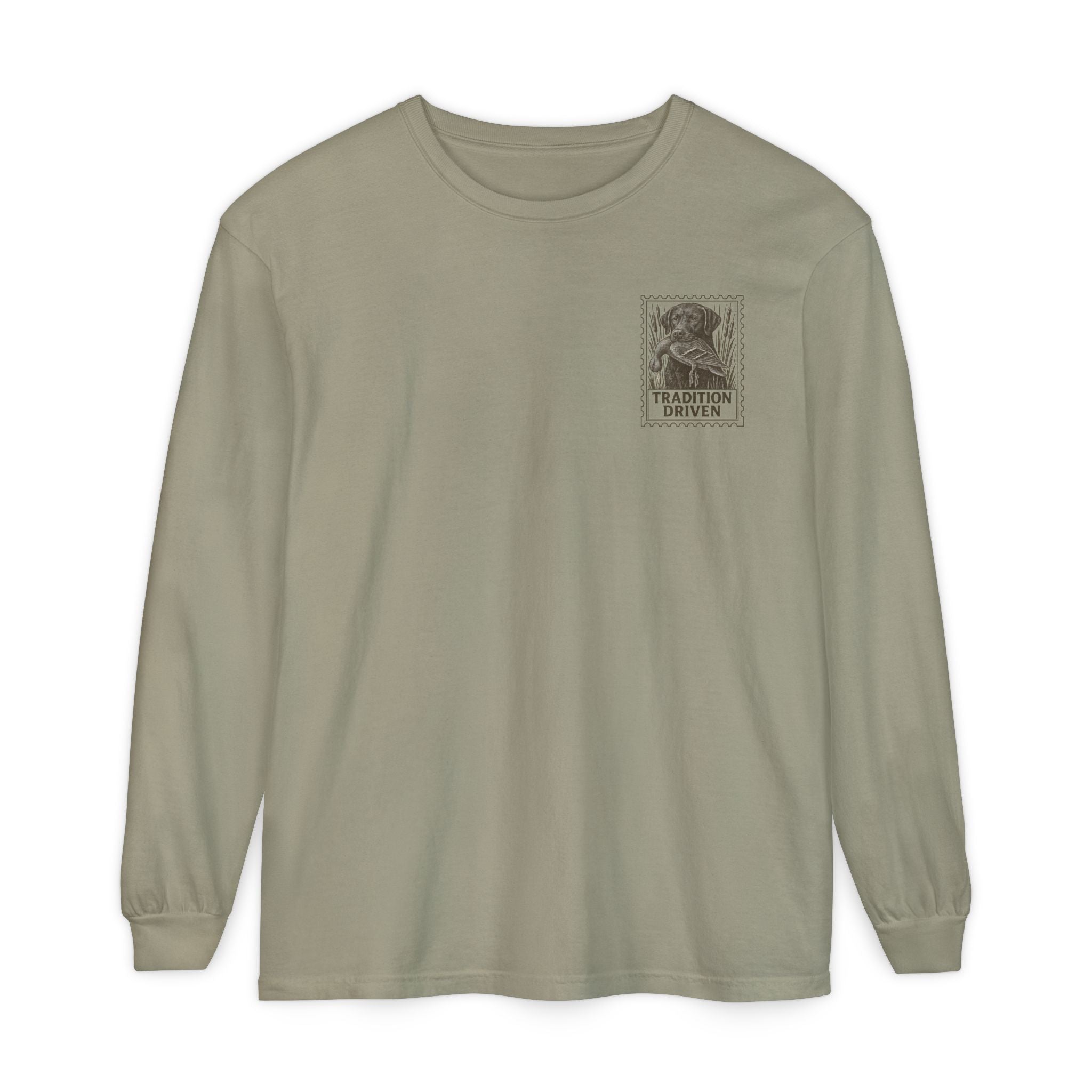 Sage green long-sleeve shirt with a logo on the chest against a white background