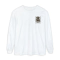 White sweatshirt with a graphic of a dog and text on a white background