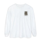 White sweatshirt with a graphic of a dog and text on a white background