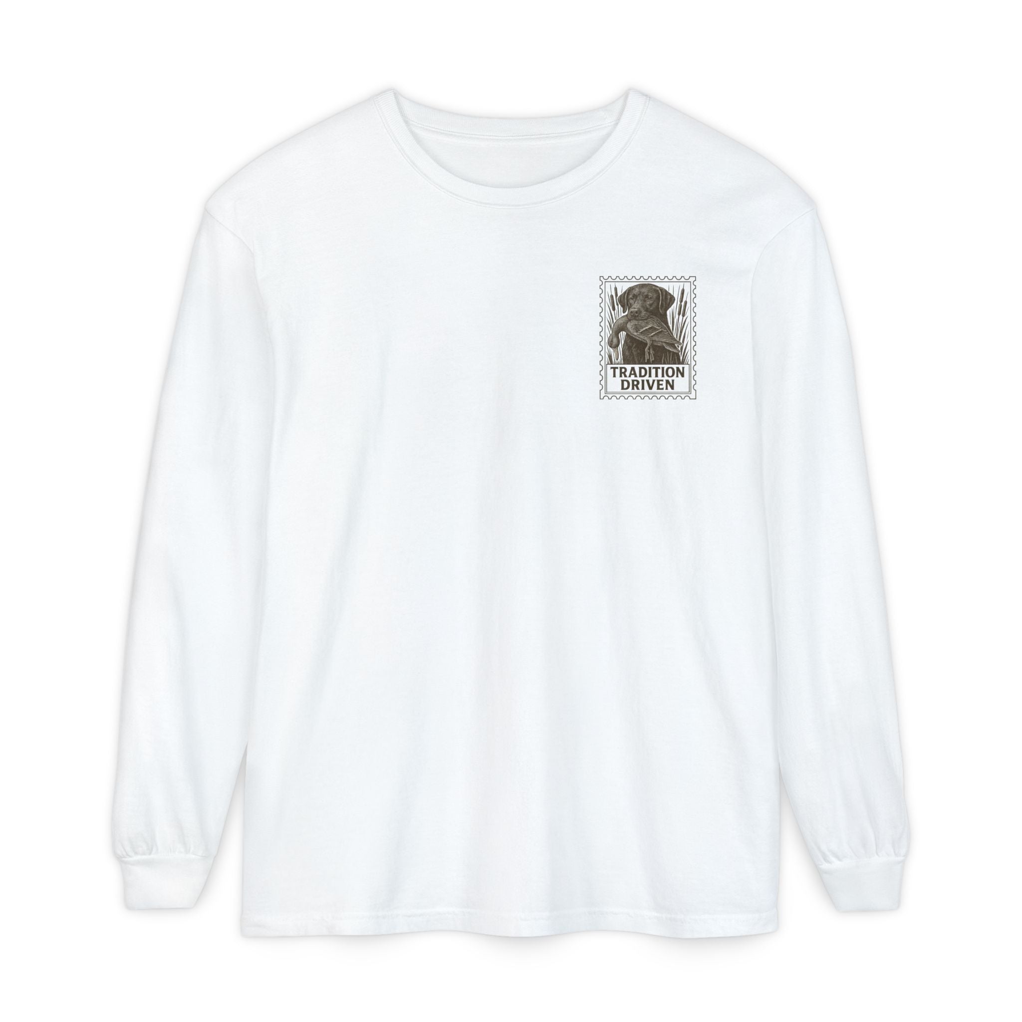White sweatshirt with a graphic of a dog and text on a white background