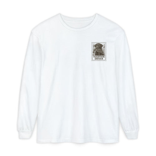 White sweatshirt with a graphic of a dog and text on a white background