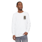 Man wearing a white long-sleeve shirt with a graphic on a white background